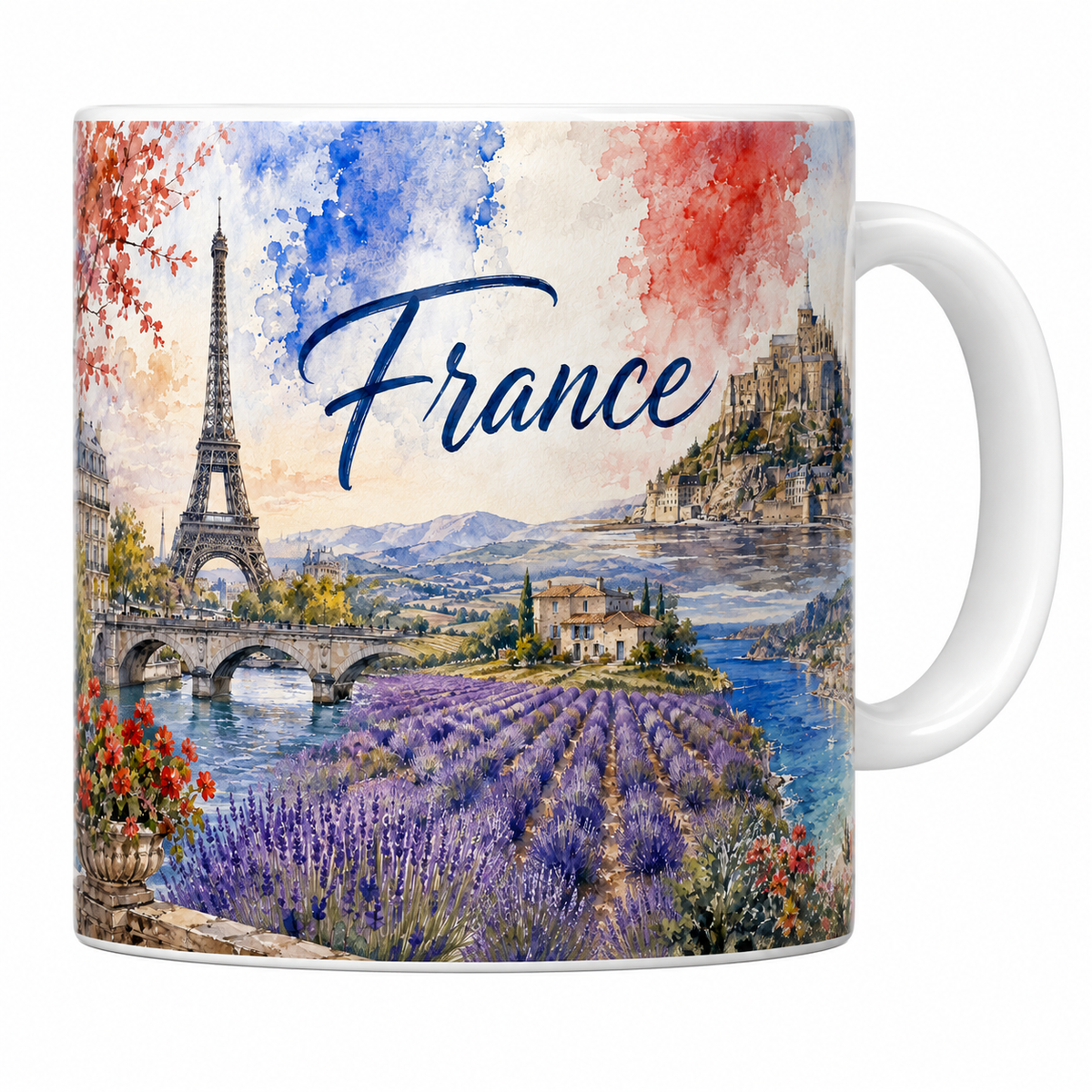 Mug céramique 330 ml France aquarelle : tour Eiffel, Mont-Saint-Michel et champs de lavande