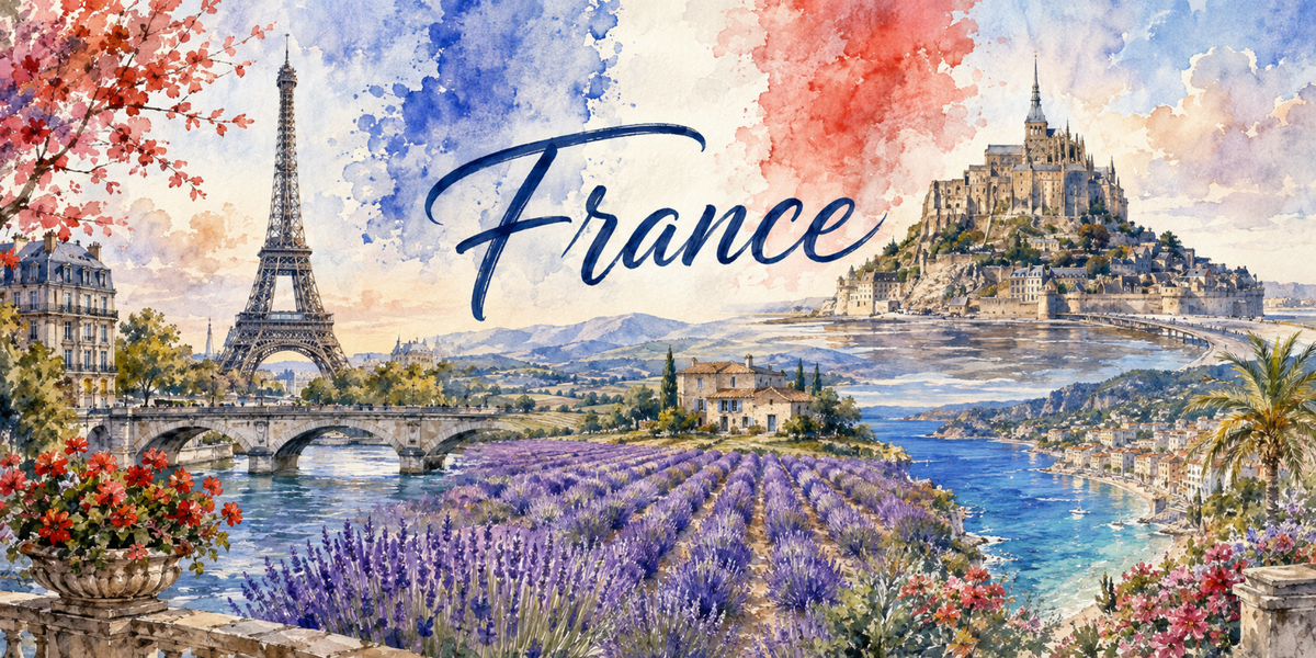 Visuel France aquarelle : tour Eiffel, pont de Seine, Mont-Saint-Michel, lavande et Méditerranée