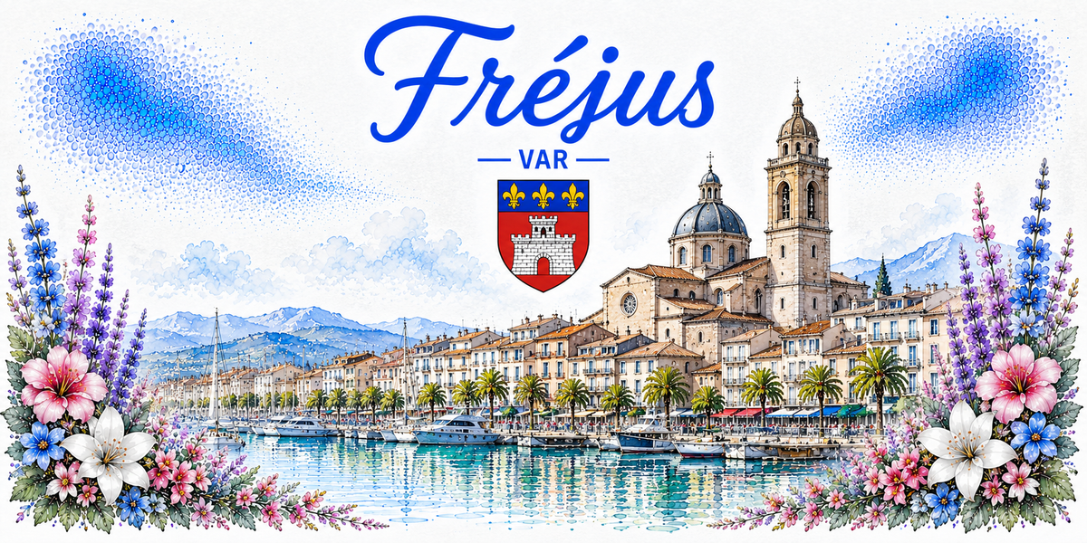 Design du mug Fréjus : bandeau Var et blason, cathédrale et clocher, port de plaisance, palmiers et fleurs en aquarelle