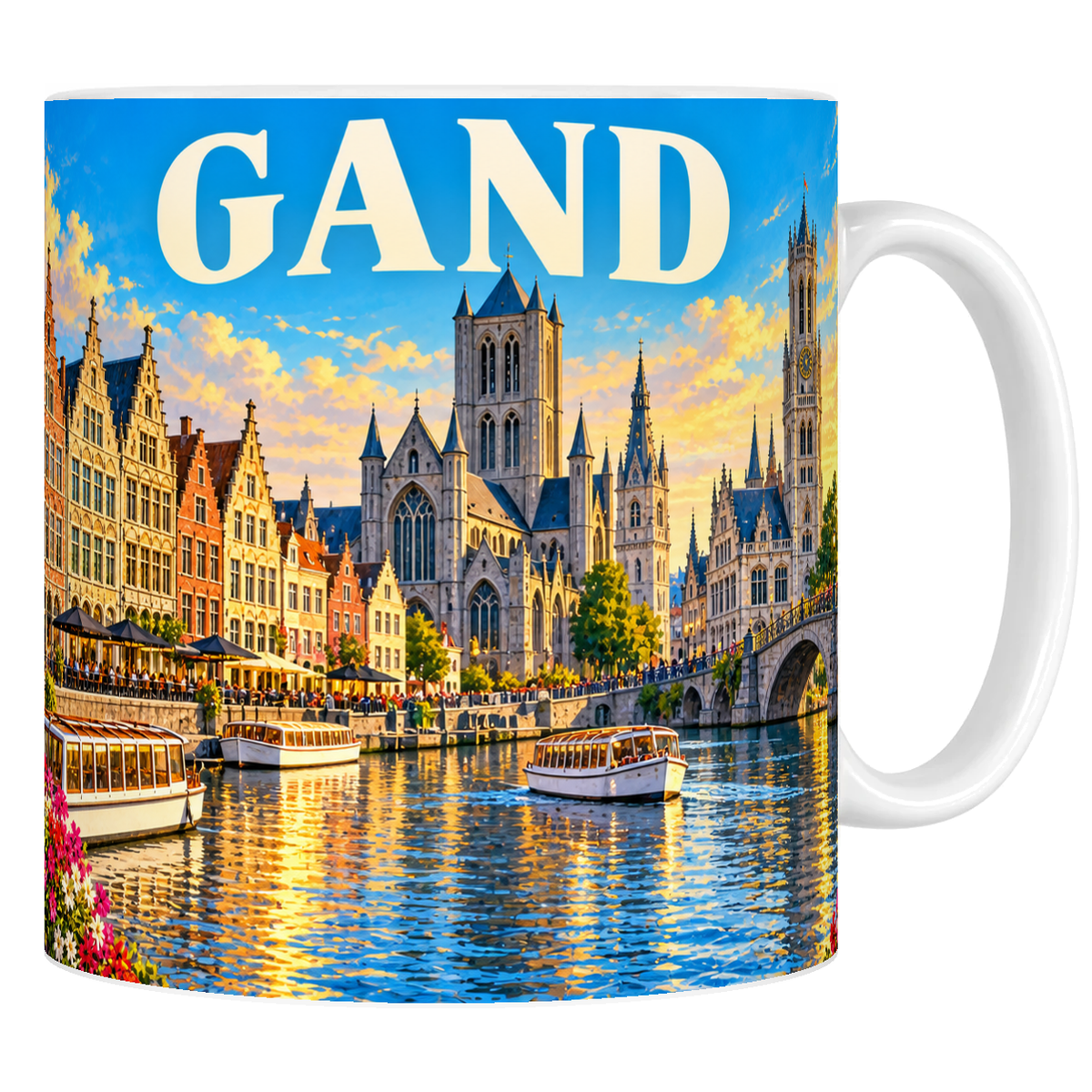 Mug en céramique blanc 330 ml, affiche Gand : trois tours alignées, pignons à redents du Graslei et la Lys