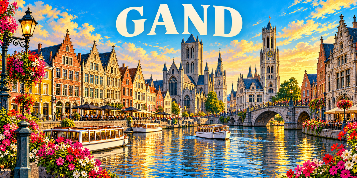 Illustration affiche vintage Gand : les trois tours alignées, maisons à pignons à redents du Graslei, pont de pierre, la Lys et les bateaux