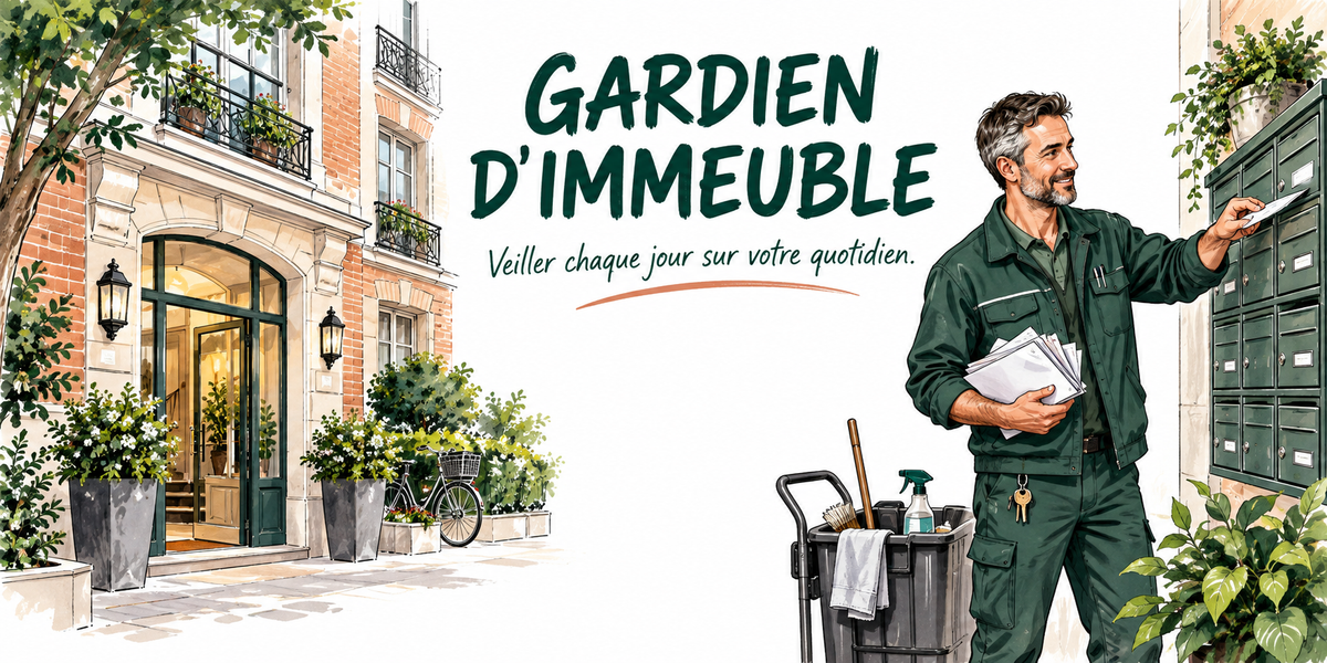 Visuel gardien d'immeuble : les mots GARDIEN D'IMMEUBLE en grandes capitales vert sapin sur deux lignes, la devise manuscrite vert foncé Veiller chaque jour sur votre quotidien soulignée d'un trait orange, une aquarelle de façade haussmannienne avec lanternes, jardinières et bicyclette, un gardien souriant aux cheveux gris en tenue de travail verte distribuant le courrier devant des boîtes aux lettres vertes, chariot de ménage et trousseau de clés