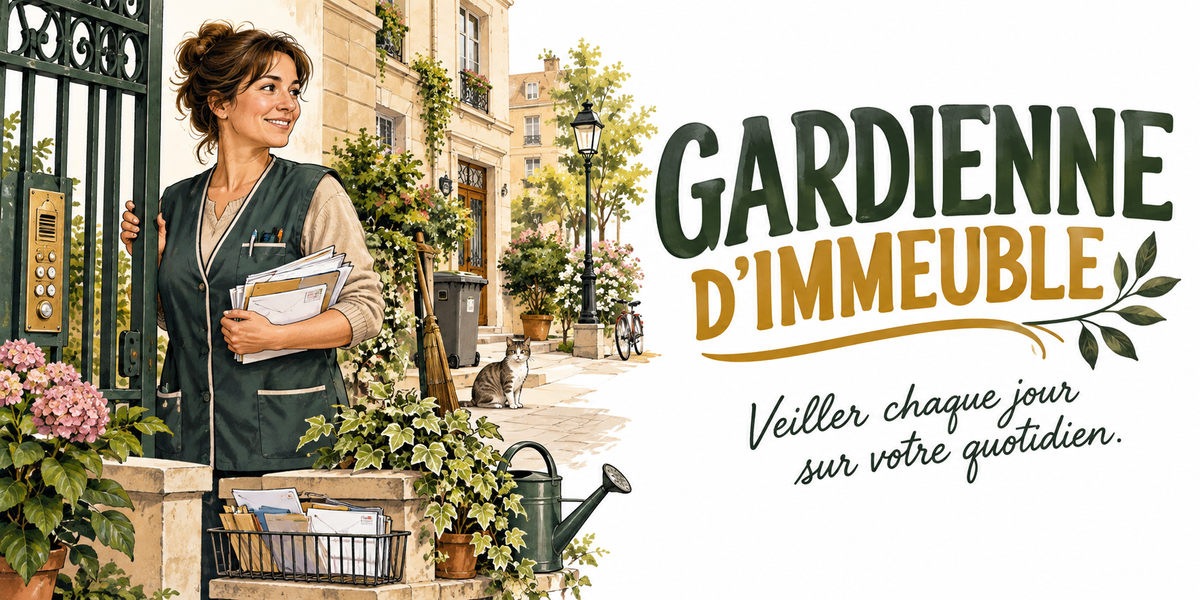 Visuel gardienne d'immeuble : le mot GARDIENNE en capitales vert sapin et D'IMMEUBLE en capitales doré-olive ornées de feuilles, la devise manuscrite vert foncé Veiller chaque jour sur votre quotidien sur deux lignes, une gardienne souriante en gilet vert sapin et chemisier beige franchissant un portail en fer forgé avec une pile de courrier, interphone, hortensias roses, lierre, arrosoir vert, corbeille de courrier et chat assis sur un muret