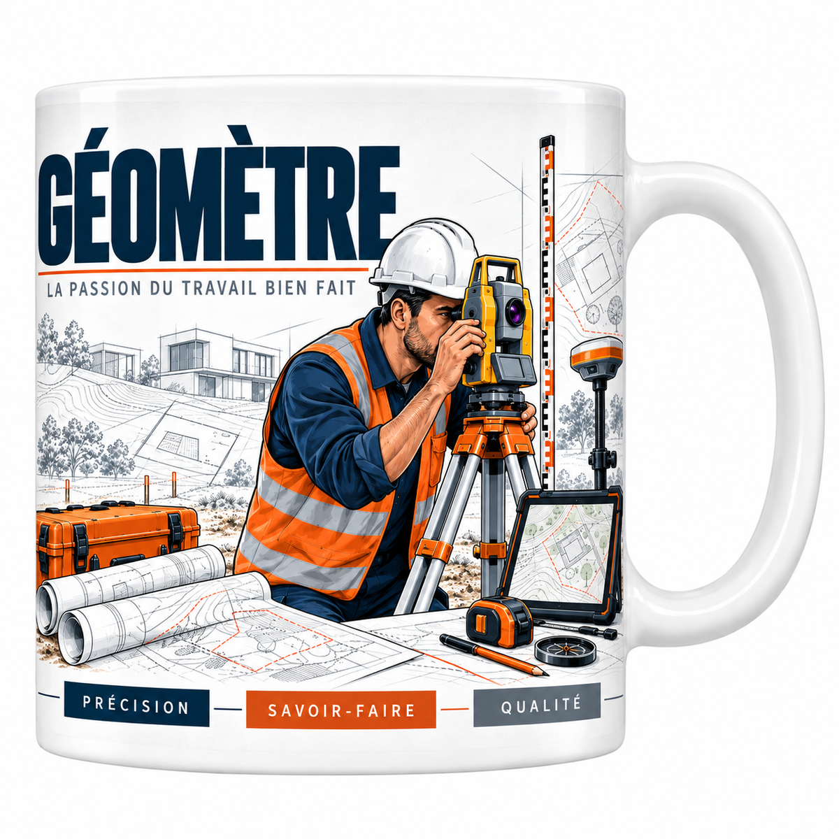 Mug géomètre en céramique blanche 330 ml, illustration d'un géomètre à l'œil de la station totale sur trépied, mire et antenne GNSS, titre GÉOMÈTRE bleu marine