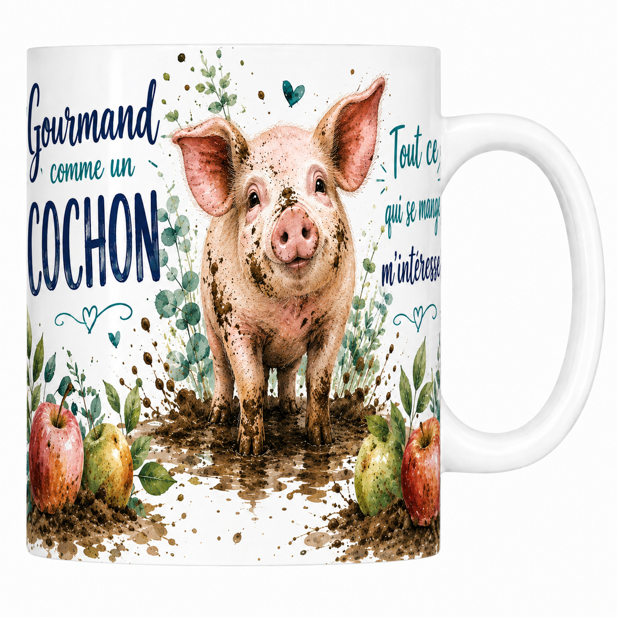 Mug céramique blanc « Gourmand comme un cochon », cochon dans sa flaque et pommes à l'aquarelle