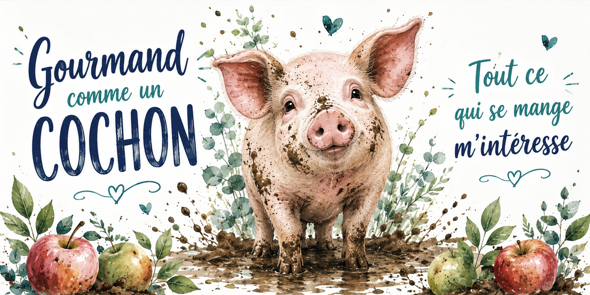 Cochon dans sa flaque et pommes à l'aquarelle : « Gourmand comme un cochon. Tout ce qui se mange m'intéresse »