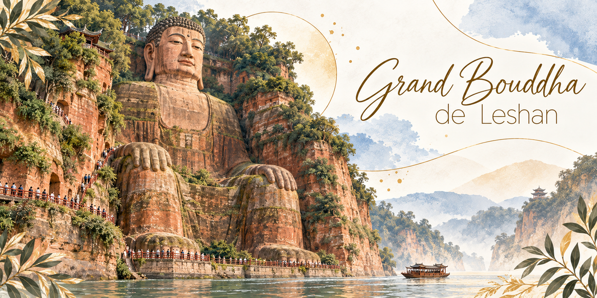 Visuel aquarellé du Grand Bouddha de Leshan, la statue colossale assise taillée dans la falaise de grès rouge, les mains posées sur les genoux et les pieds au bord de l'eau, les escaliers à rambardes rouges creusés dans la roche où montent des visiteurs minuscules, un pavillon chinois au sommet, la rivière vert jade avec une barque à toit rouge, les montagnes brumeuses à l'horizon, des feuillages en bordure et le titre Grand Bouddha de Leshan en lettres dorées