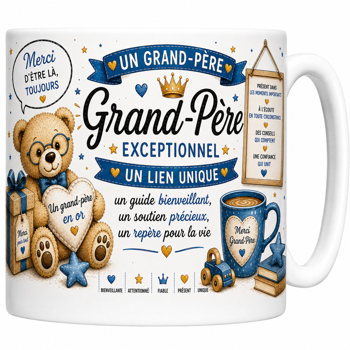 Mug céramique blanc Grand-Père Exceptionnel « Un lien unique » : ourson à lunettes et nœud bleu