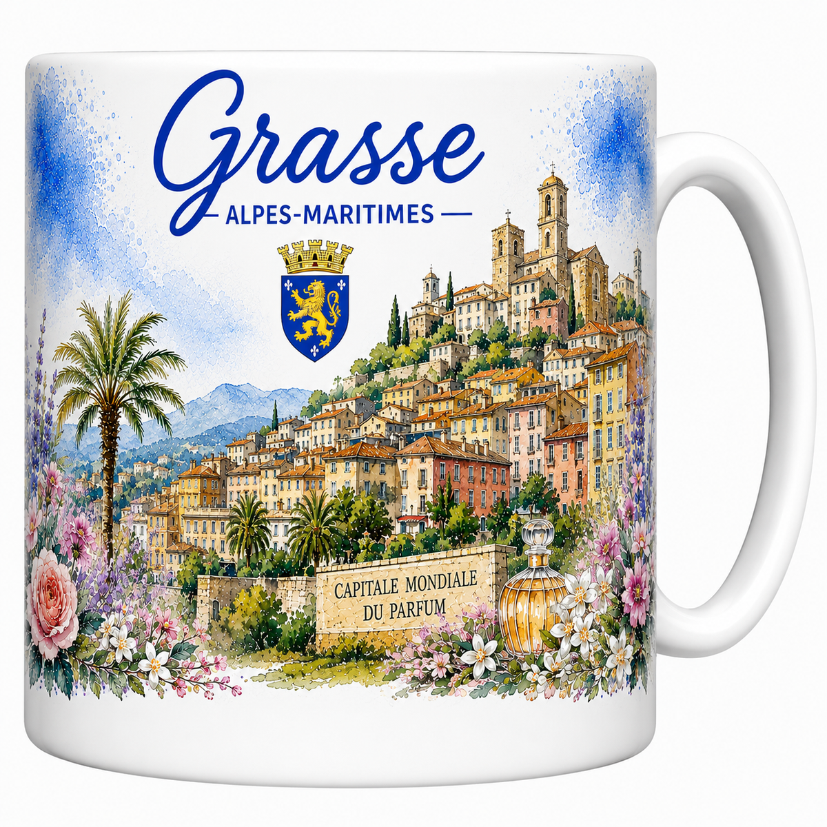 Mug céramique blanc Grasse Alpes-Maritimes : village perché, palmier et plaque Capitale mondiale du parfum