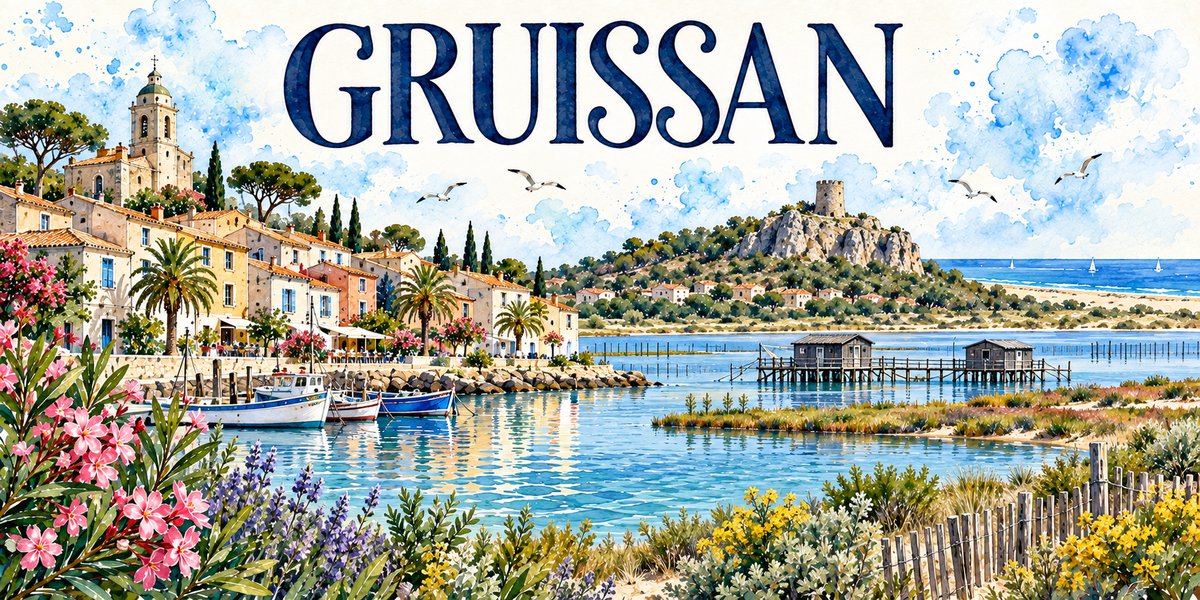 Aquarelle de Gruissan : port et bateaux de pêche, tour Barberousse sur son piton, chalets sur pilotis et étangs