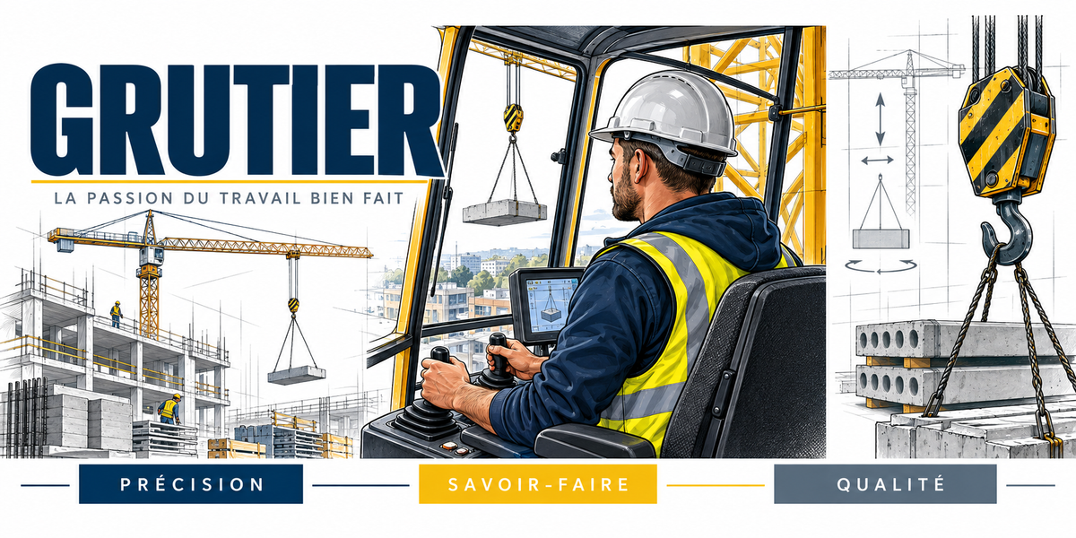 Illustration grutier : homme en casque blanc et veste à bandes réfléchissantes aux manipulateurs dans sa cabine, grue à tour jaune, crochet, élingues et charge de dalles béton suspendue