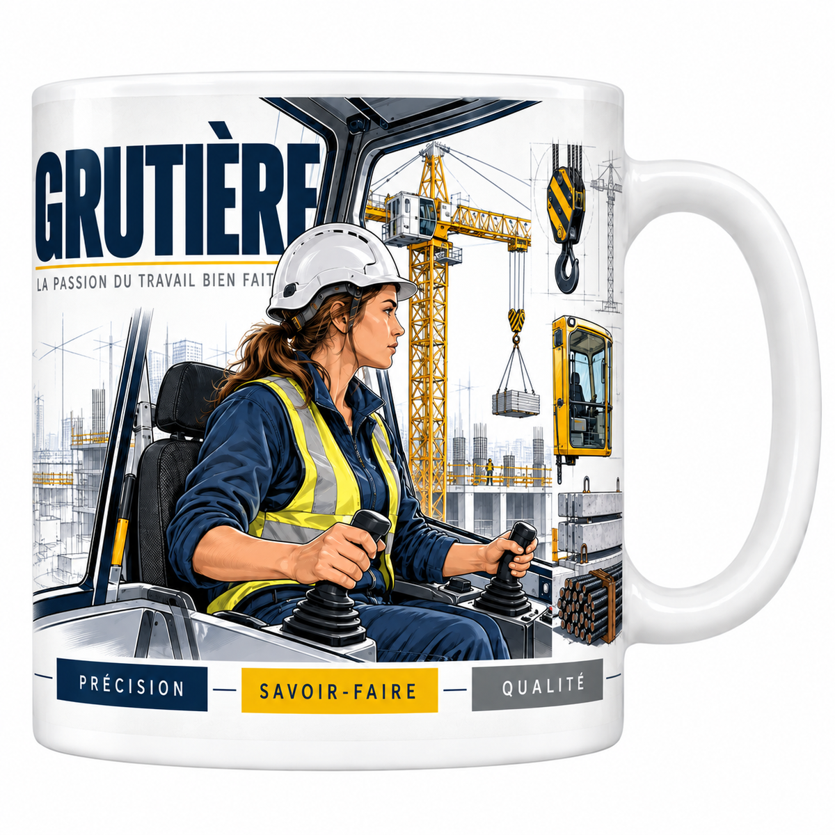 Mug grutière en céramique blanche 330 ml, illustration d'une grutière casquée aux manipulateurs de sa cabine, grue à tour jaune et chantier en fond, titre GRUTIÈRE bleu marine