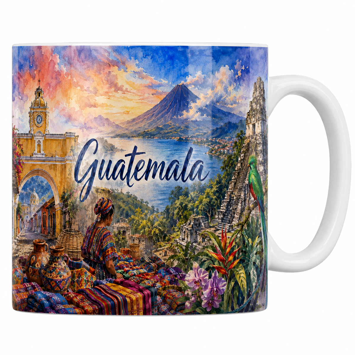 Mug céramique 330 ml Guatemala aquarelle : arche d'Antigua, temple de Tikal et quetzal