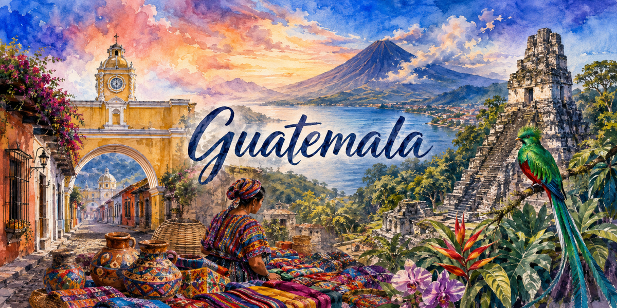 Visuel Guatemala aquarelle : arche d'Antigua, lac Atitlán, Tikal, quetzal et textiles mayas