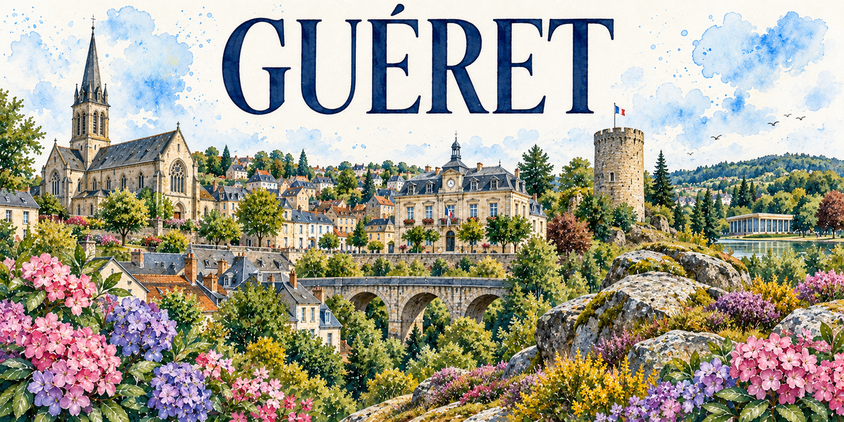 Guéret en aquarelle : clocher, hôtel de ville, donjon rond, viaduc et toits d'ardoise