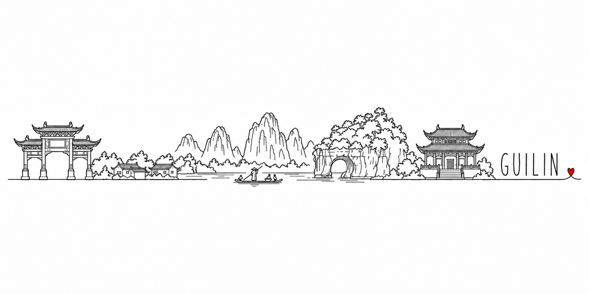 Skyline de Guilin dessiné au trait noir continu, de gauche à droite : le grand portique chinois à triple toiture retroussée, les arbres et les maisons aux toits de tuiles, les pics karstiques en enfilade, le pêcheur debout sur son radeau de bambou et sa barque, la colline percée d'une arche au-dessus de l'eau, les arbres et le pavillon à double toit sur son escalier — avec le nom GUILIN en capitales espacées et un petit cœur rouge