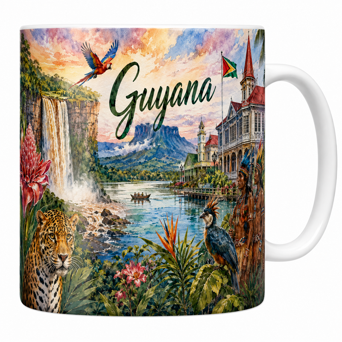 Mug céramique 330 ml Guyana aquarelle : chutes Kaieteur, Georgetown et jaguar