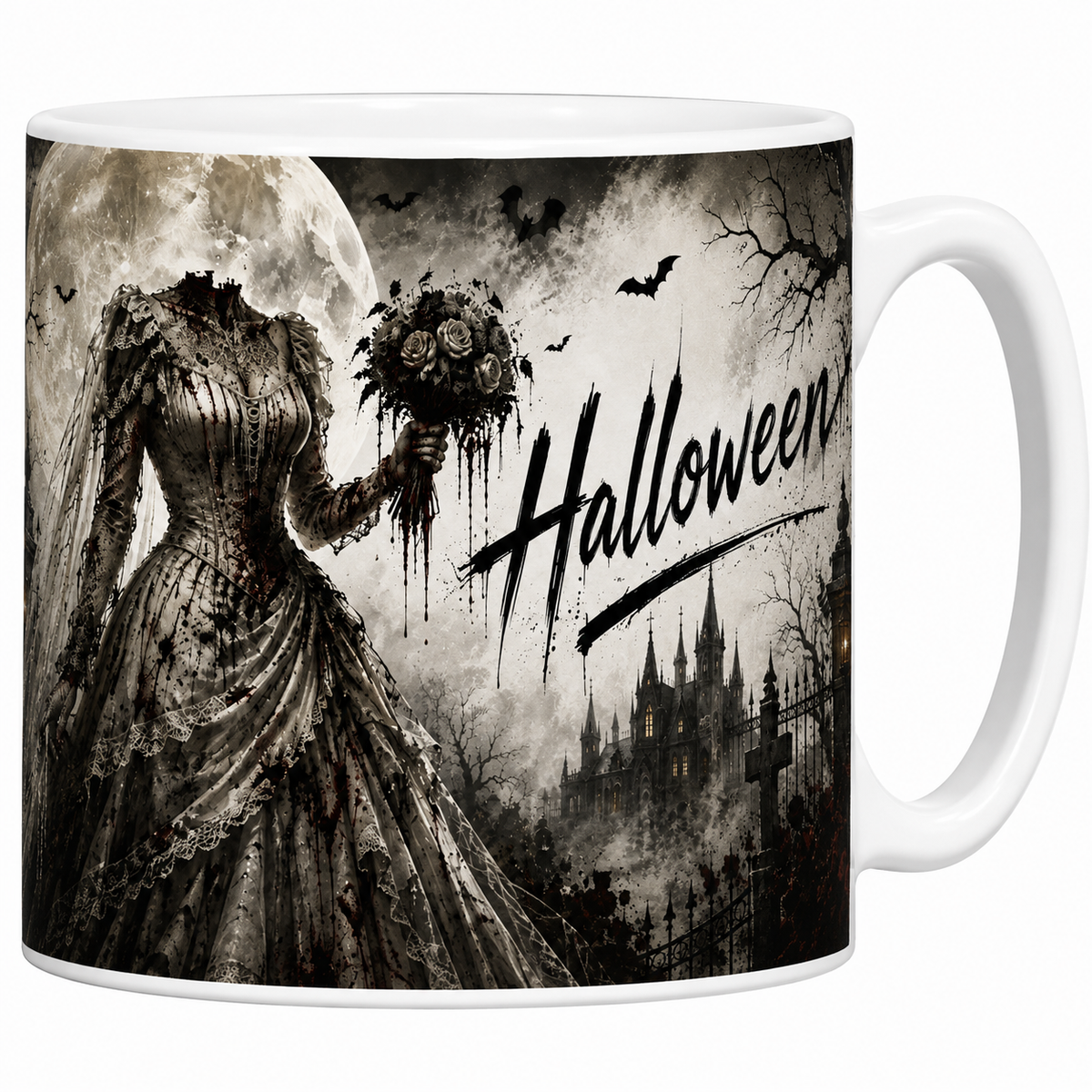 Mug céramique blanc mariée fantôme sans tête au bouquet fané, lettrage Halloween et cathédrale gothique