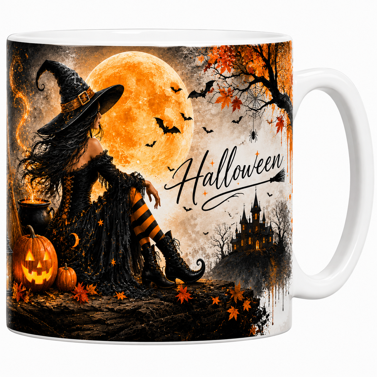 Mug céramique blanc sorcière d'Halloween au chaudron sous la lune orange, citrouilles et château
