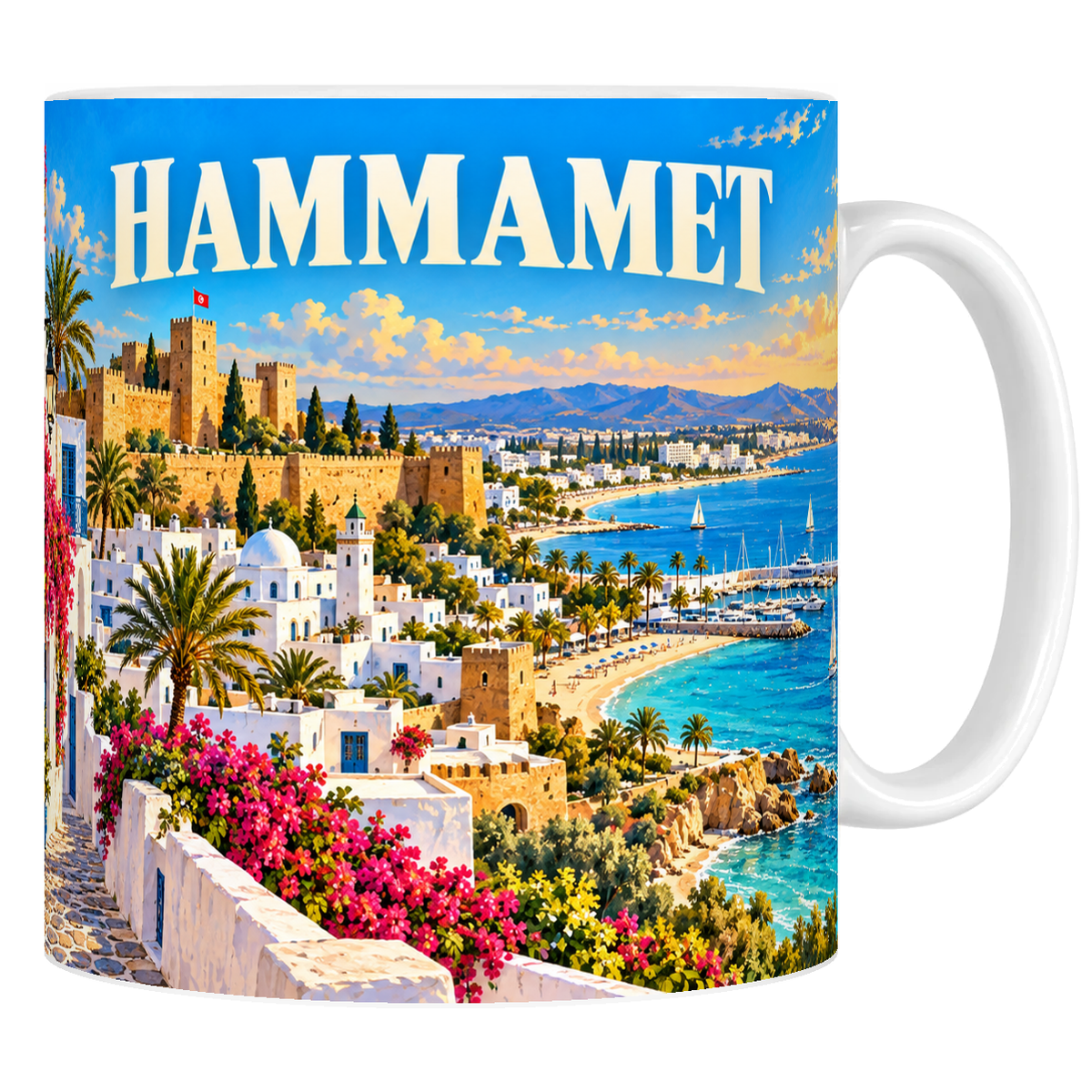 Mug en céramique blanc 330 ml, affiche Hammamet : fort ocre sur la pointe, maisons blanches et bleues, baie en croissant et marina