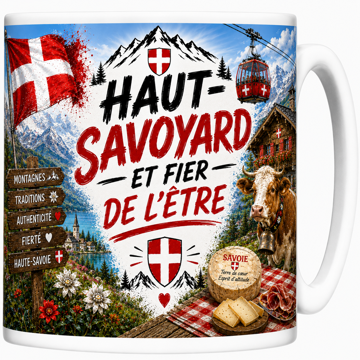 Mug Haut-Savoyard et fier de l'être en céramique, croix de Savoie, vache et lac d'Annecy