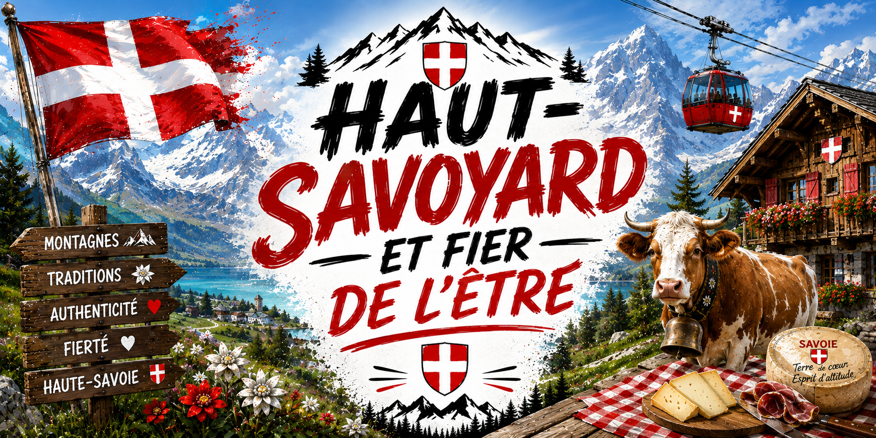 Visuel Haut-Savoyard et fier de l'être : lac, chalet, vache, tomme Savoie Terre de cœur et télécabine