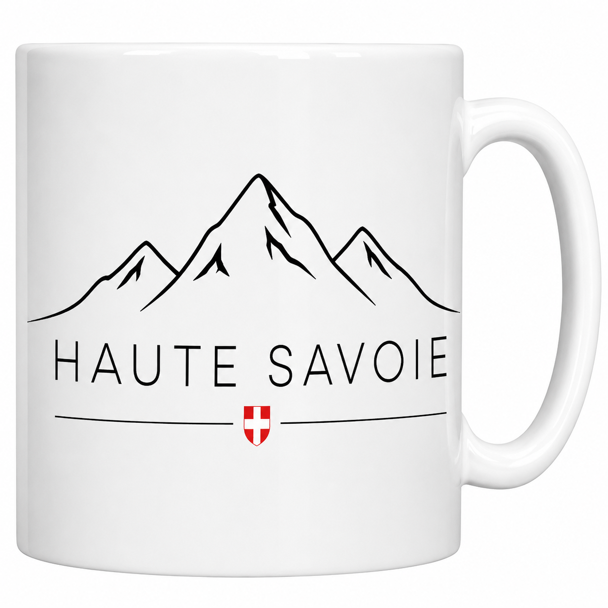 Mug Haute-Savoie en céramique blanche, massif au trait noir et écusson savoyard rouge