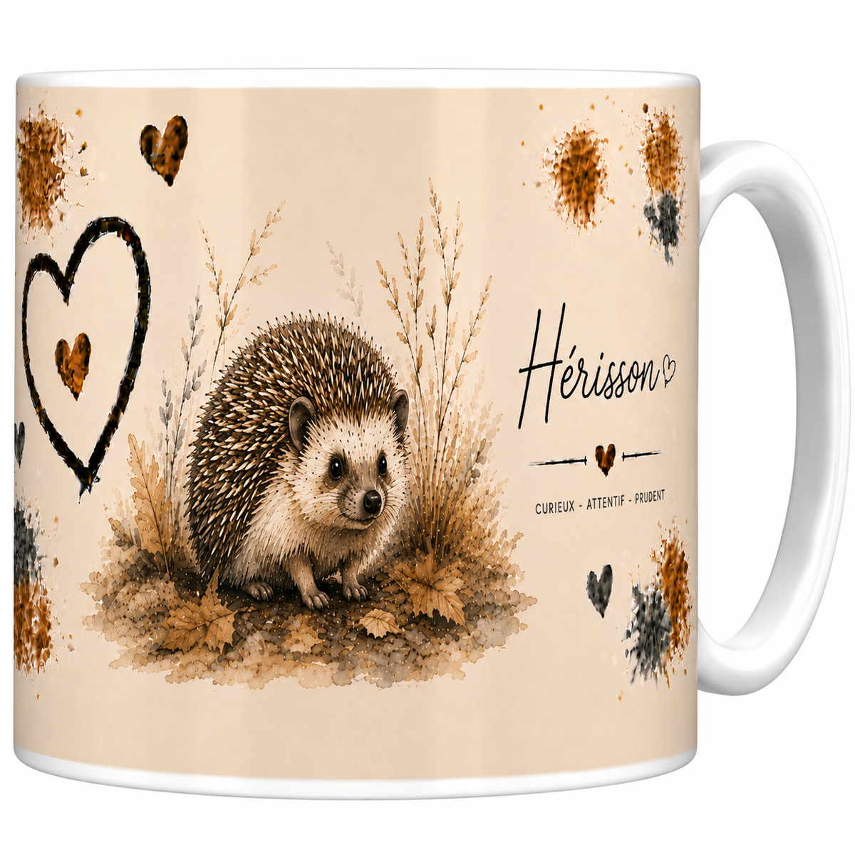 Mug céramique blanc Hérisson « Curieux, attentif, prudent » : hérisson dans les feuilles d'automne, grand cœur