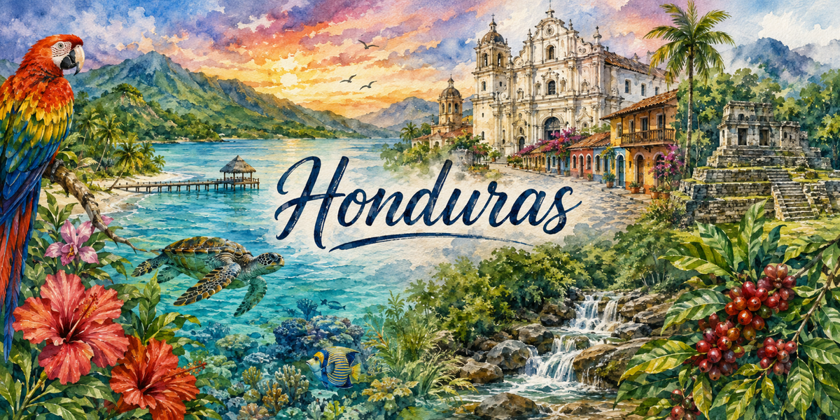 Visuel Honduras aquarelle : ara macao, lagon de Roatán, pyramides de Copán et caféiers