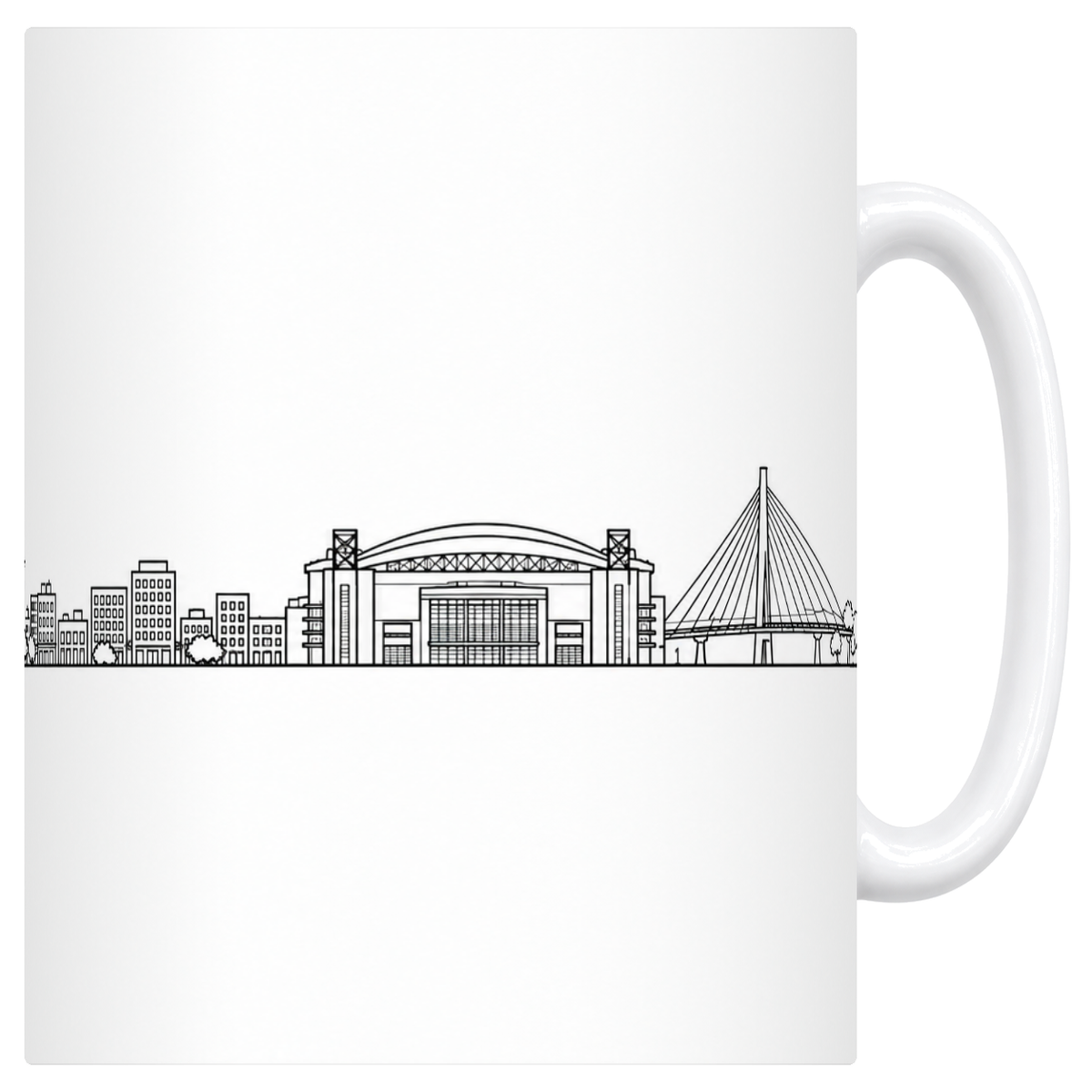 Mug blanc en céramique 330 ml illustré du skyline de Houston au trait noir : la navette spatiale sur son socle, les immeubles du centre, le stade au toit ouvrant et le pont à haubans