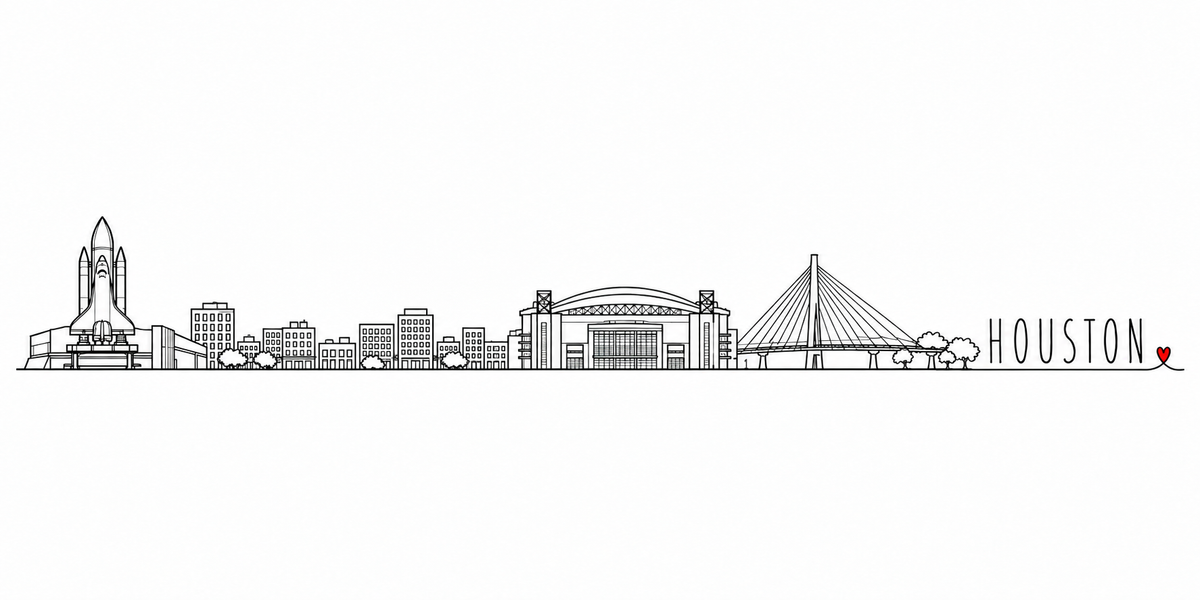 Skyline de Houston dessiné au trait noir continu, de gauche à droite : la navette spatiale dressée sur son socle de lancement, les immeubles et les arbres, le stade au toit ouvrant et ses pylônes, le pont à haubans et son mât, les arbres du bayou — avec le nom HOUSTON en capitales espacées et un petit cœur rouge