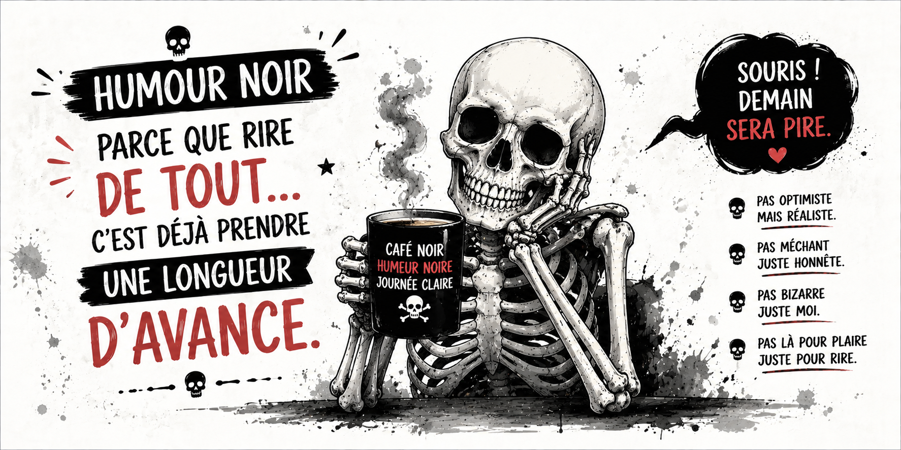Visuel humour noir : squelette au café, Souris demain sera pire, pas méchant juste honnête