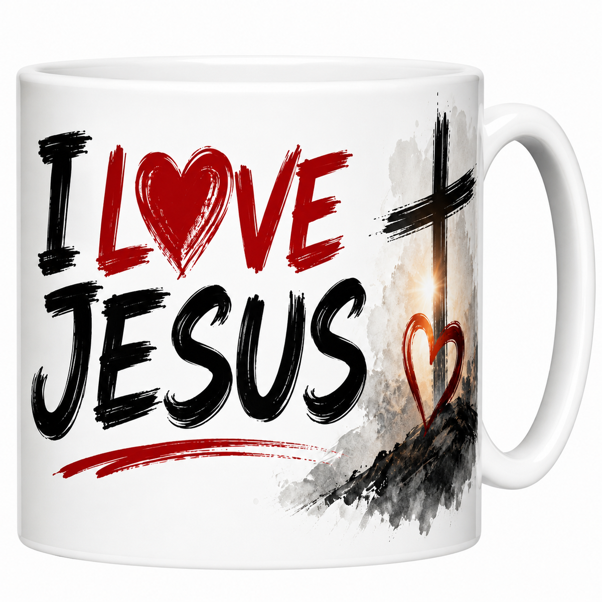 Mug I Love Jesus 330 ml, lettrage brush noir et rouge et cœur en guise de O