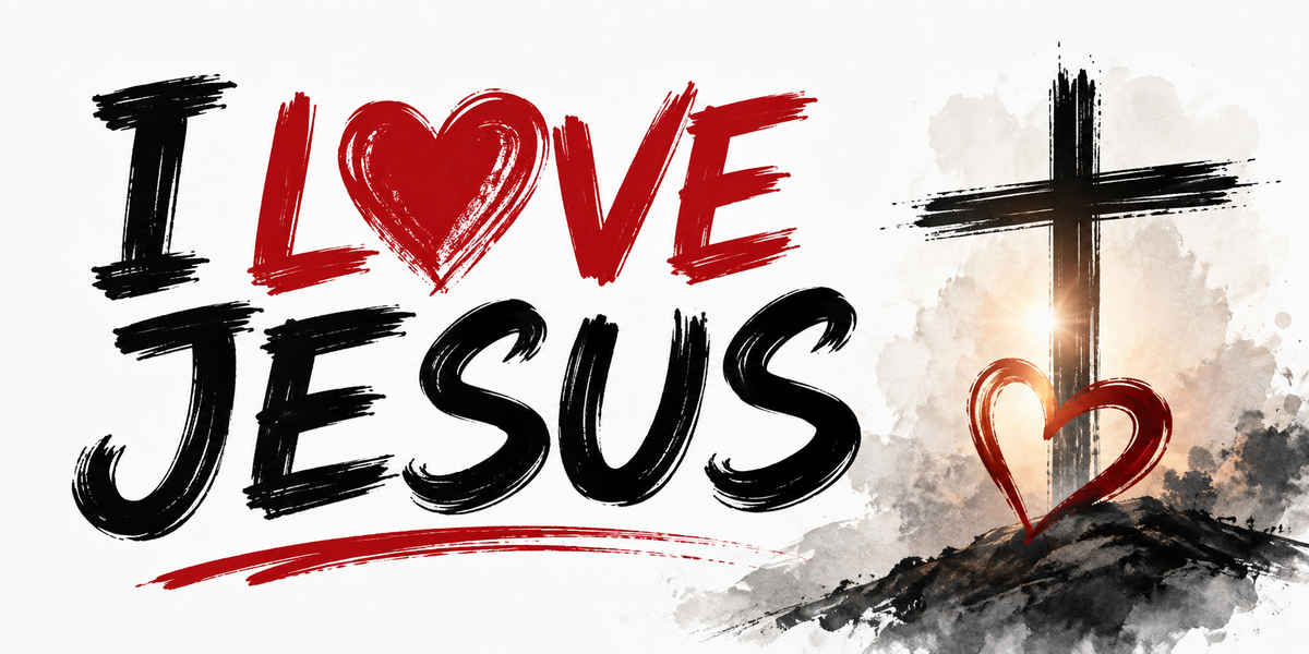 Visuel I Love Jesus : lettrage au pinceau, croix d'encre sur la colline et cœur rouge au soleil levant