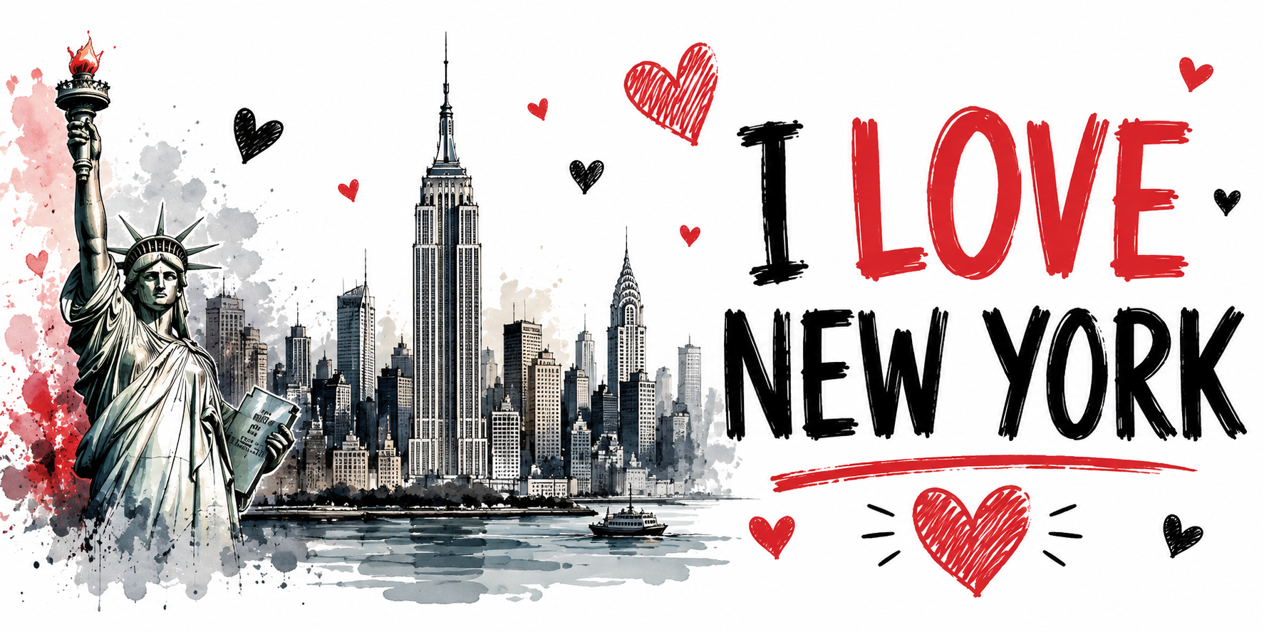 Visuel I Love New York : Statue de la Liberté, Empire State, ferry sur l'Hudson et cœurs rouges