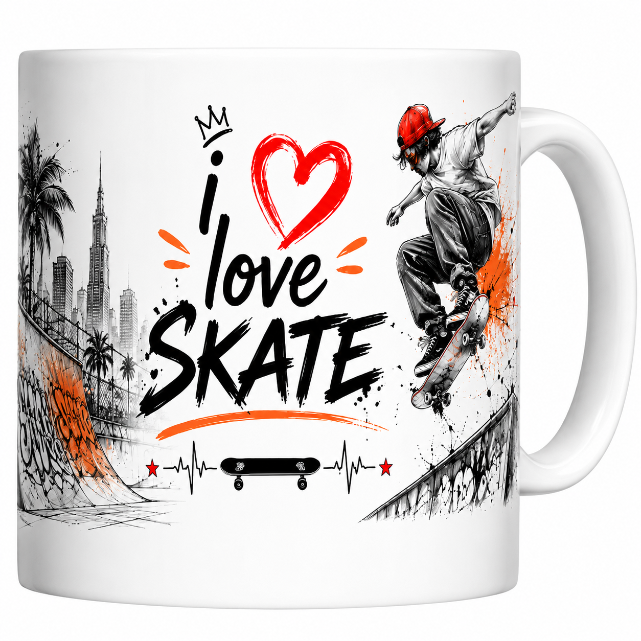 Mug I Love Skate en céramique blanche, skateur au-dessus de la rampe graffée et skyline