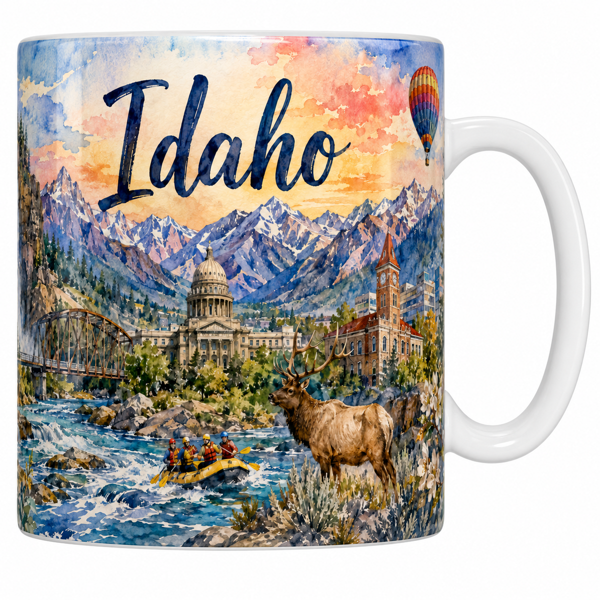Mug céramique 330 ml Idaho aquarelle : cascade, crêtes des Sawtooth et wapiti