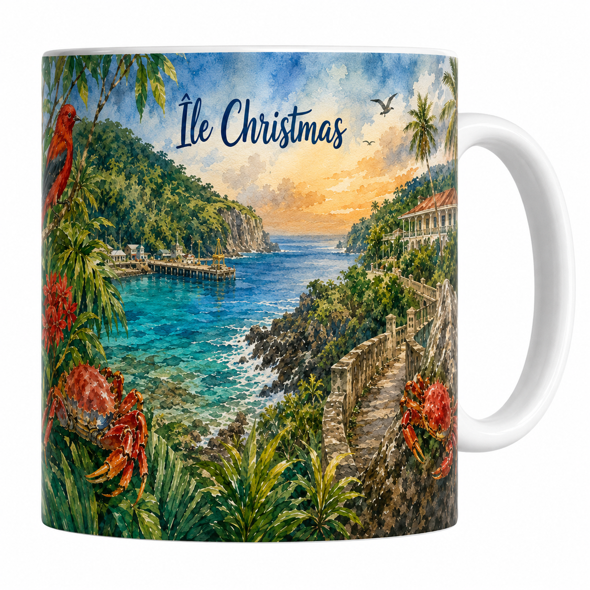 Mug céramique 330 ml Île Christmas aquarelle : crique turquoise, forêt tropicale et flamboyants rouges