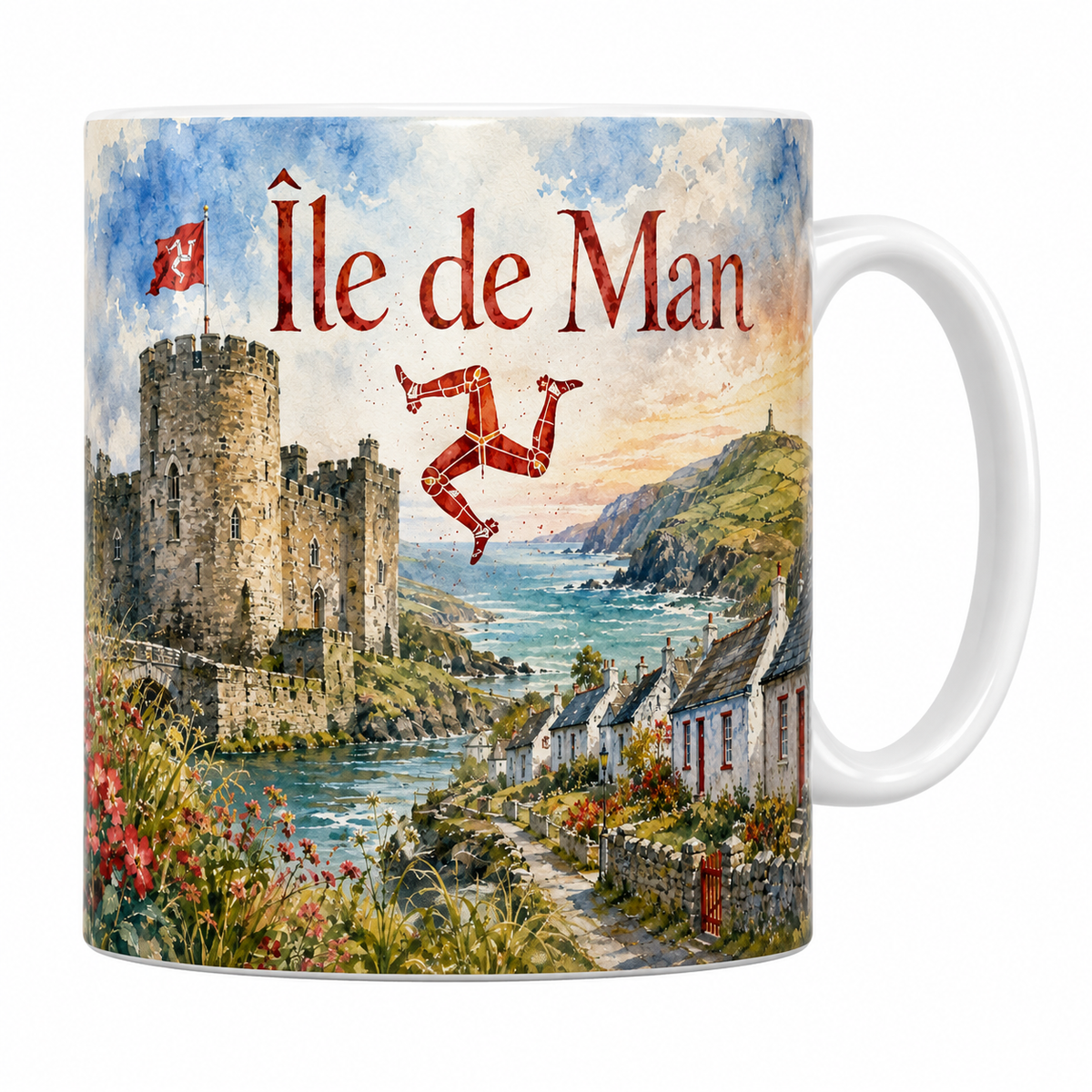 Mug céramique 330 ml Île de Man aquarelle : château au bord de l'eau, triskèle et collines vertes