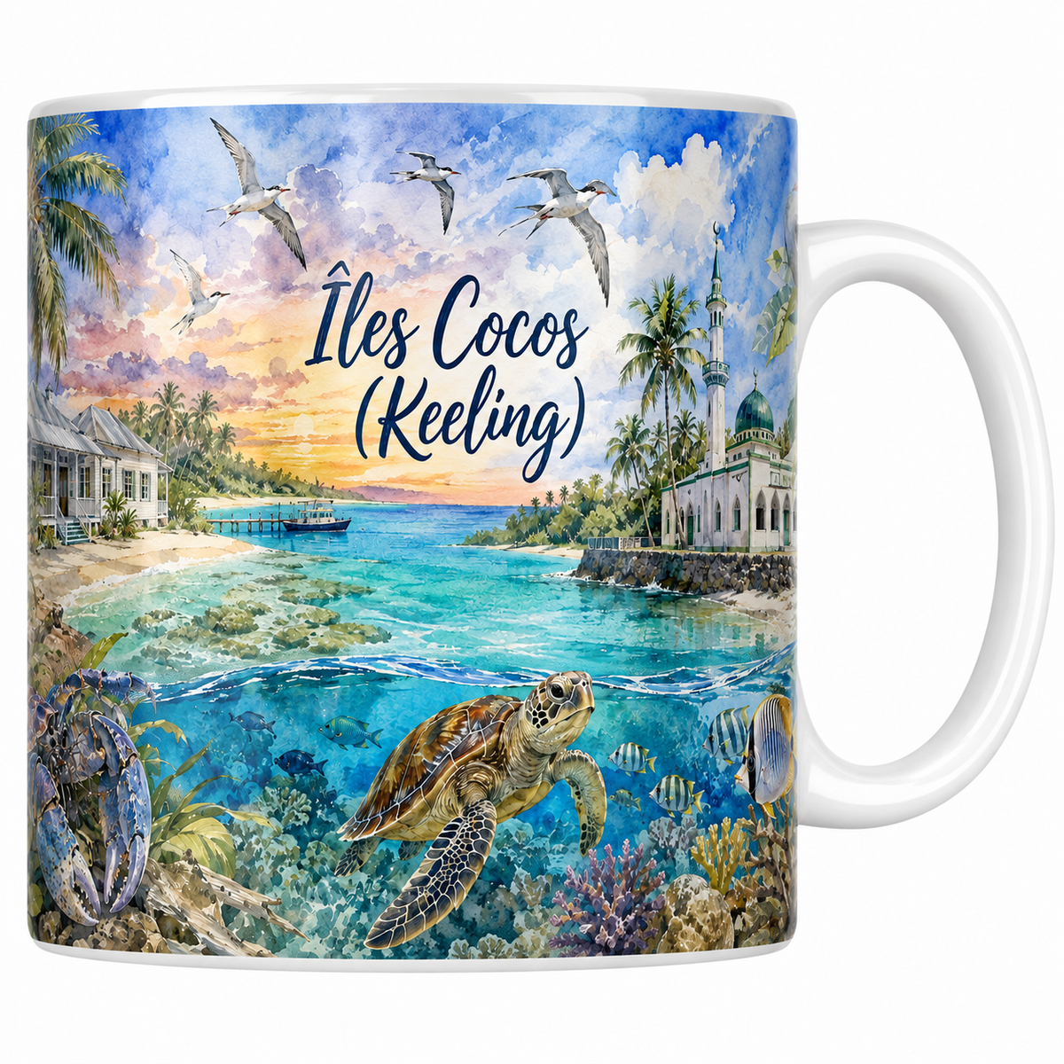 Mug céramique 330 ml Îles Cocos Keeling aquarelle : tortue verte, lagon transparent et cocotiers