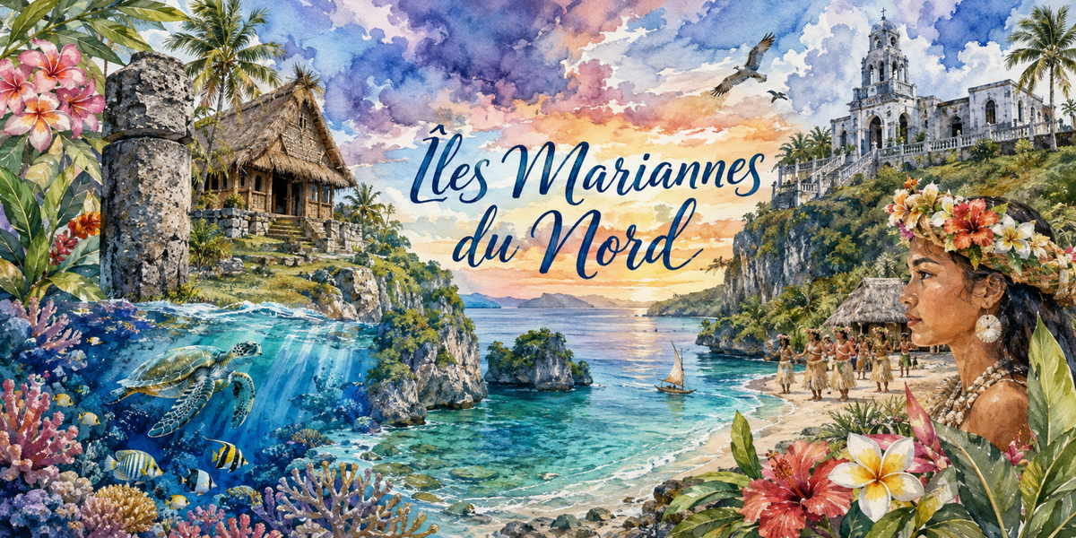 Visuel Îles Mariannes du Nord aquarelle : latte stones chamorro, église espagnole, lagon et grotte