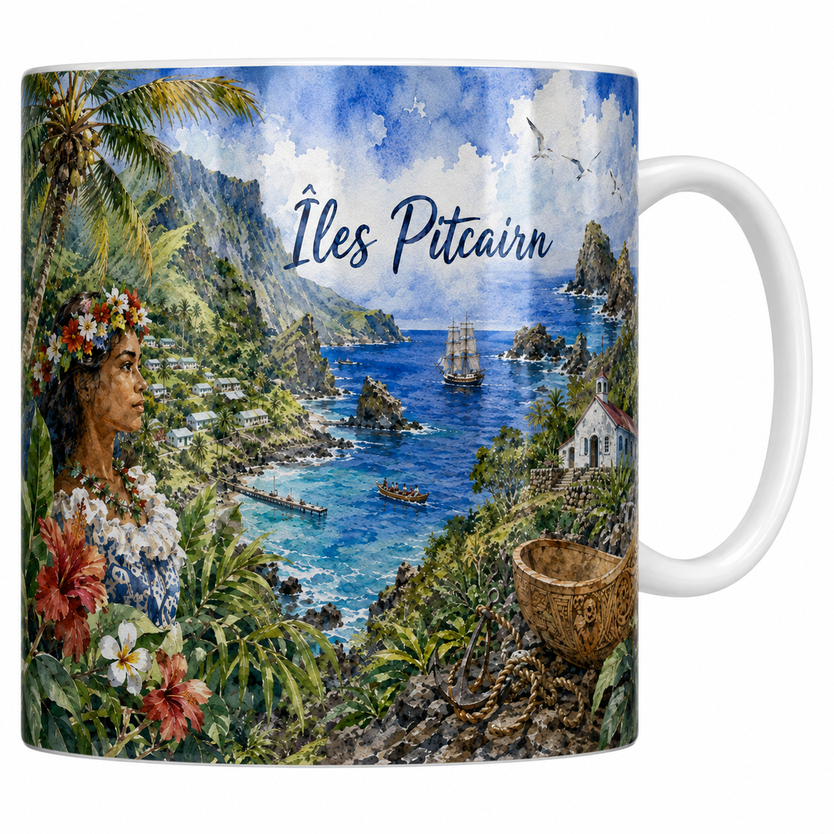 Mug céramique 330 ml Îles Pitcairn aquarelle : falaises verdoyantes, trois-mâts et chapelle blanche