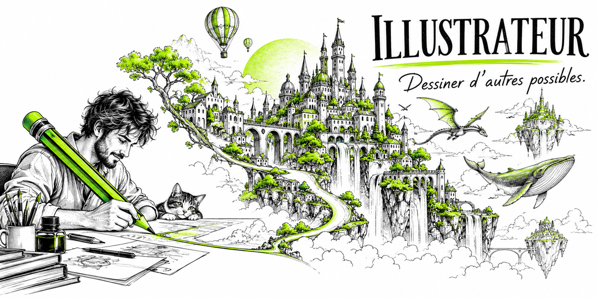 Visuel illustrateur : le mot ILLUSTRATEUR en grandes capitales noires soulignées d'un trait vert, la devise manuscrite Dessiner d'autres possibles en dessous, un dessin au trait noir et vert représentant un illustrateur souriant qui dessine avec un grand crayon vert, un chat posé sur la table, et sortant de sa feuille une cité fantastique de châteaux, de ponts, de cascades et d'îles flottantes avec des dragons, une baleine volante et une montgolfière