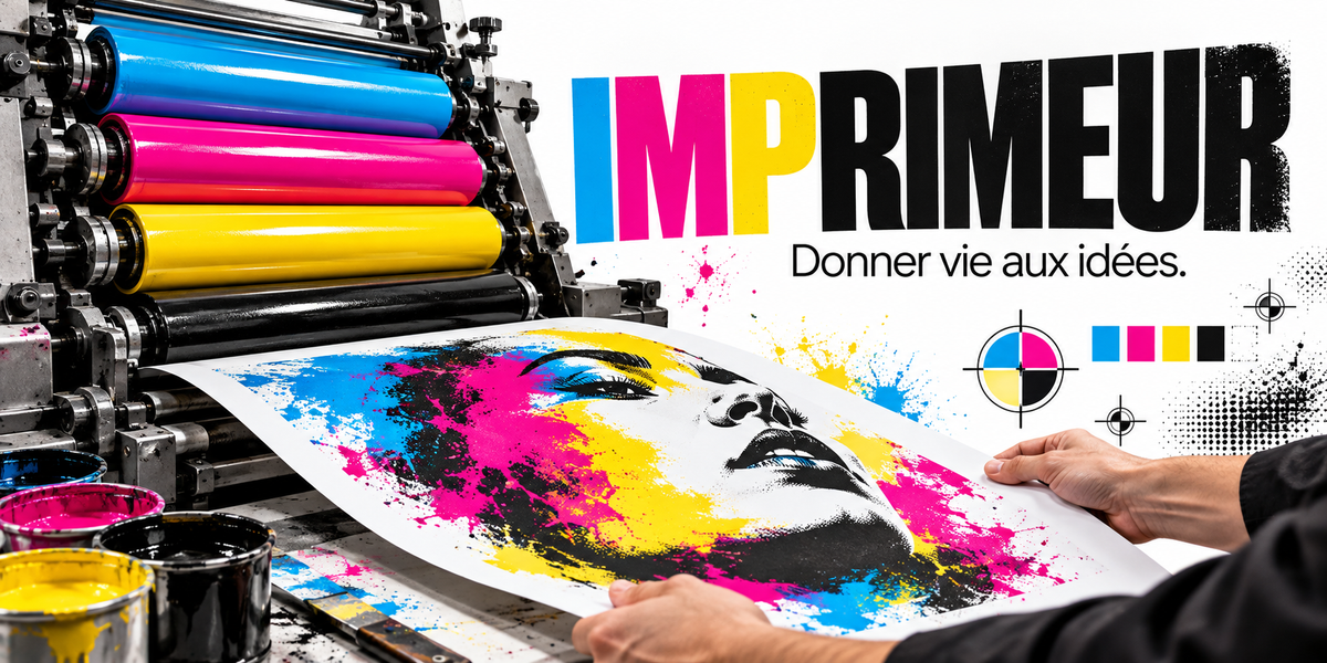 Visuel imprimeur : le mot IMPRIMEUR en énormes capitales grasses noires dont les trois premières lettres sont cyan, magenta et jaune, la devise Donner vie aux idées en dessous, les rouleaux encreurs cyan, magenta, jaune et noir d'une presse offset, une grande feuille de papier sortant de la presse et portant un visage éclaté en quadrichromie, des mains qui la guident, des pots d'encre jaune et noire, des mires de repérage, un nuancier de quatre carrés et des éclaboussures roses et jaunes