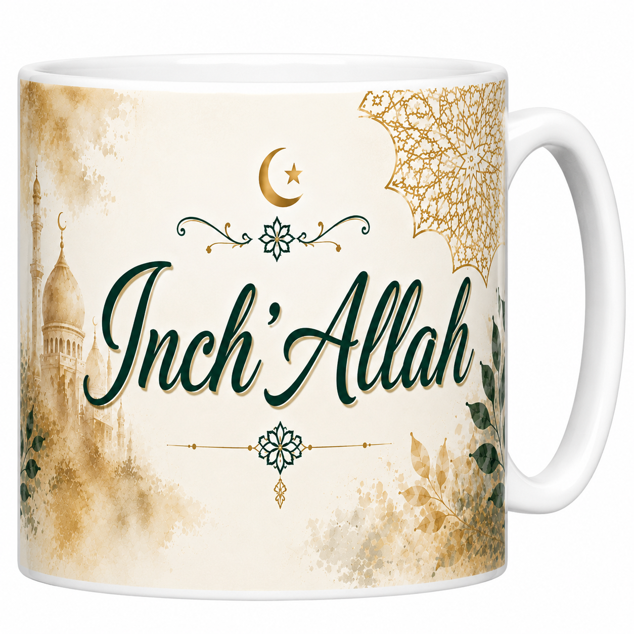 Mug Inch'Allah 330 ml, calligraphie vert profond, feuillages et croissant doré