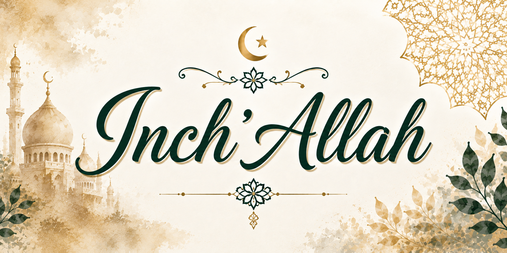 Visuel Inch'Allah : grande calligraphie verte traversante, arabesques fines, feuillages et rosace dorée