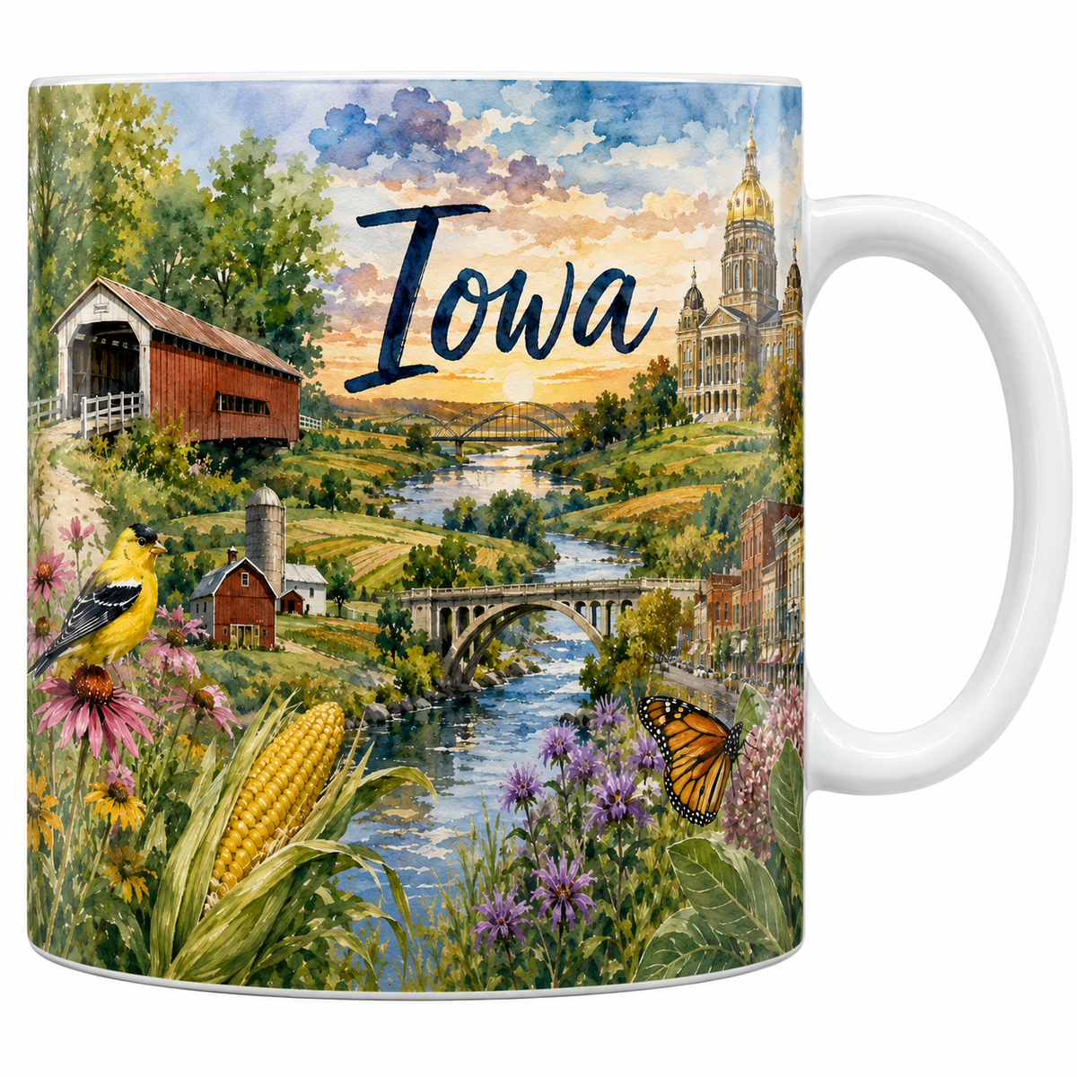 Mug céramique 330 ml Iowa aquarelle : pont couvert rouge, grange, épis de maïs et chardonneret