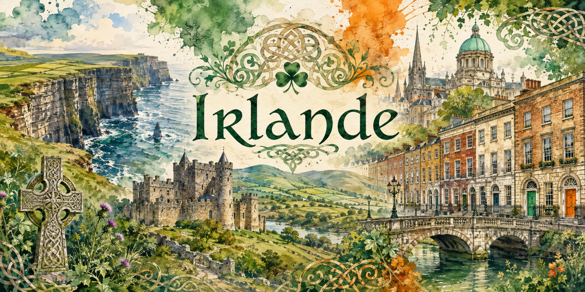 Visuel Irlande aquarelle : falaises vertes, croix celtique, château sur le lough et entrelacs celtes