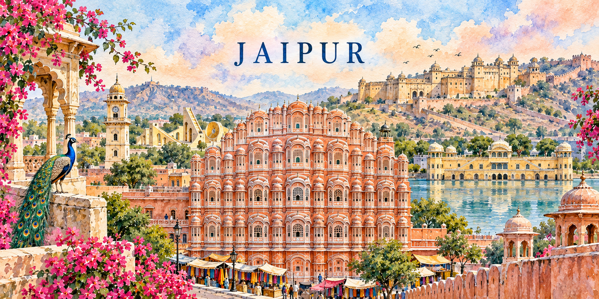 Aquarelle de Jaipur : Hawa Mahal rose, fort d'Amber sur la crête, palais sur le lac et paon
