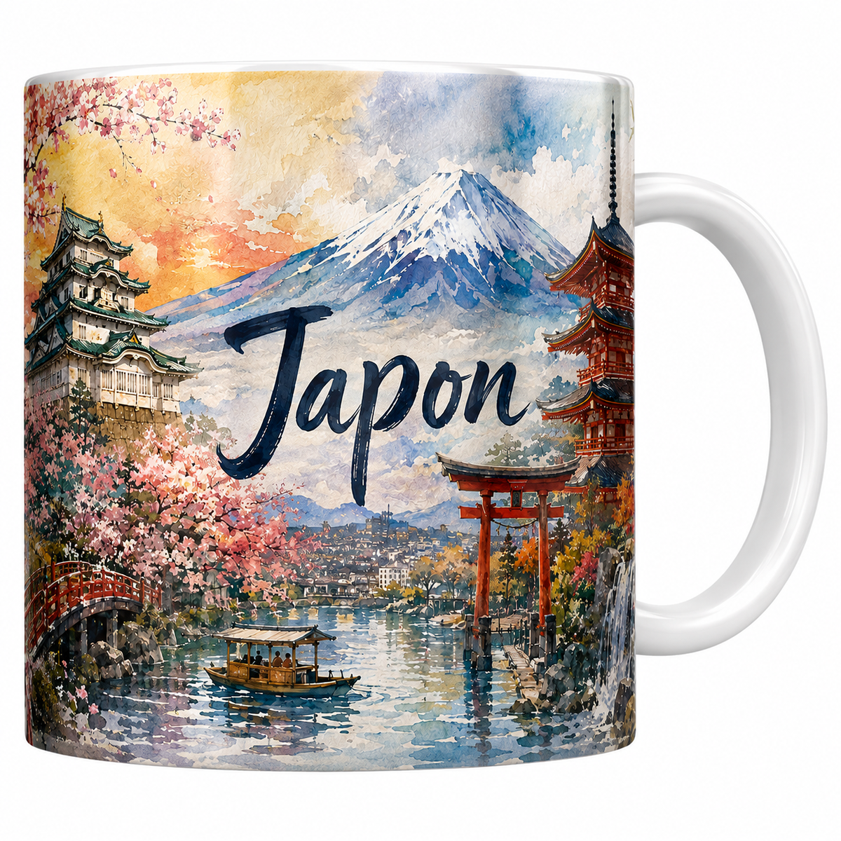Mug céramique 330 ml Japon aquarelle : mont Fuji, torii rouge et geisha